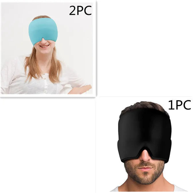 Black elastic cloth gel cold compress eye mask for headache relief on a grey background.