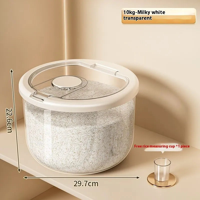 Clear plastic grain storage tank with sealed lid and included rice measuring cup