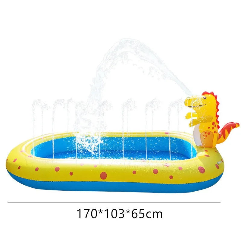 Blue inflatable dinosaur-shaped water spray pool for kids outdoor play