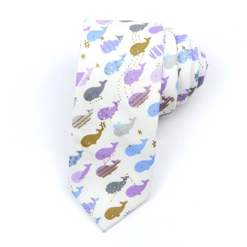 Korean style narrow men's cotton bow tie with a printed cartoon pattern on an adjustable fabric strap.