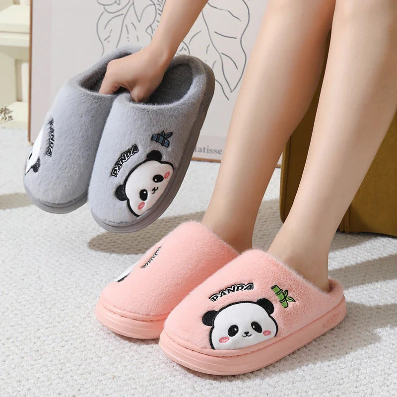 Cozy and stylish panda-themed plush slippers with a thick, cushioned sole for maximum comfort around the house