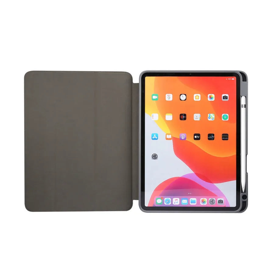 Tri-fold iPad case with marbling design showing pen slot and available in dark gray, creamy-white, purple, blue, and pink colours