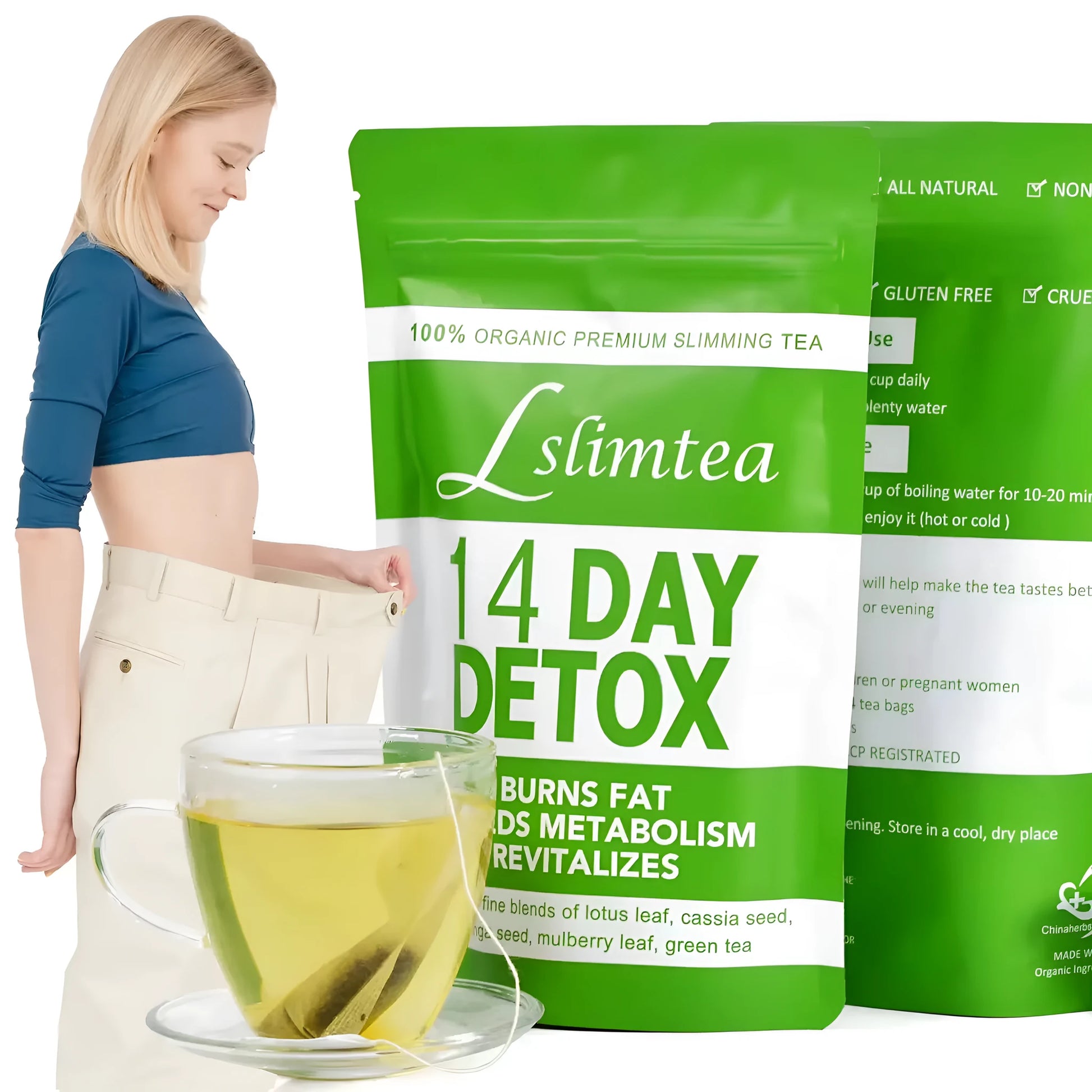 14-day herbal detox diet tea pack with 42g blend and 14 individual 3g sachets