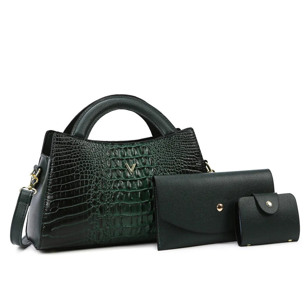 Women's square crossbody bag in crocodile pattern PU leather, showing internal organiser pockets.