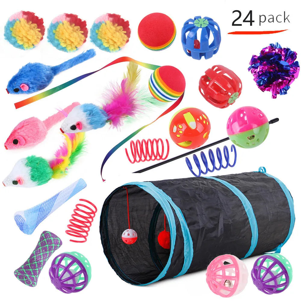 Plastic cat toy set with coloured tunnel channels and a ball for interactive indoor play.