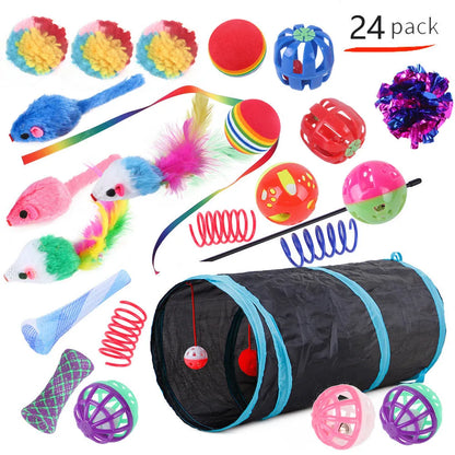 Plastic cat toy set with coloured tunnel channels and a ball for interactive indoor play.