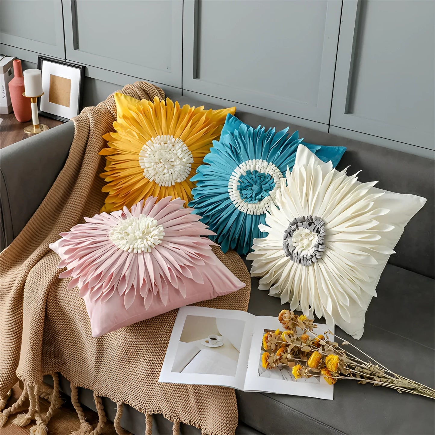 Blue velvet waist pillow with three-dimensional white chrysanthemum tufted design and fringed hem