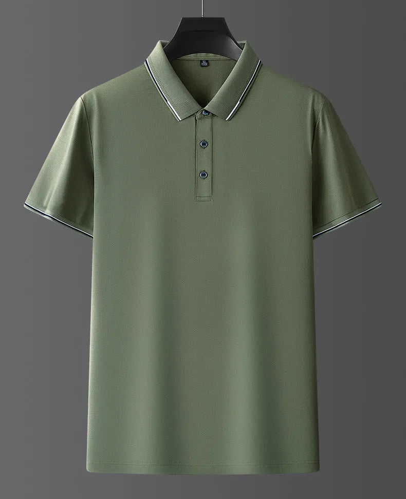 Men's mulberry silk short sleeve shirt in a solid colour on a hanger, showing regular fit and thin fabric for summer