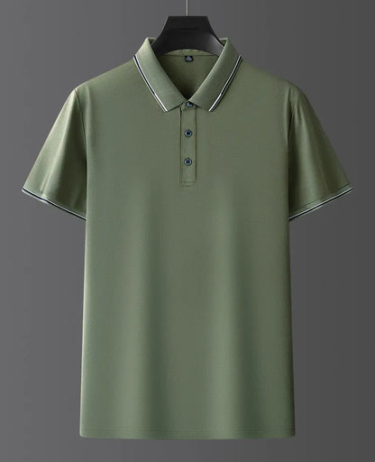 Men's mulberry silk short sleeve shirt in a solid colour on a hanger, showing regular fit and thin fabric for summer