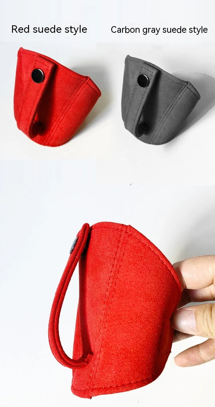 Racing seat belt limit buckle in genuine leather with suede option, 30cm x 20cm dimension, designed as a protective cover for shoulder straps on fixed bucket seats like Recaro and Bride models, available in black, red, blue thread options