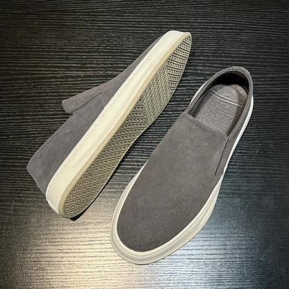 Men's grey and apricot casual shoes with mid heel, round toe, and sleeve-on design
