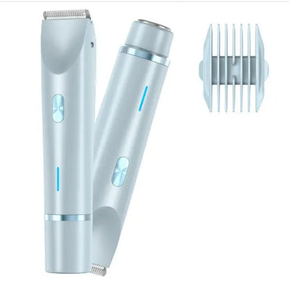 Pink electric shaver with double head, USB cable, and brush for women's body grooming