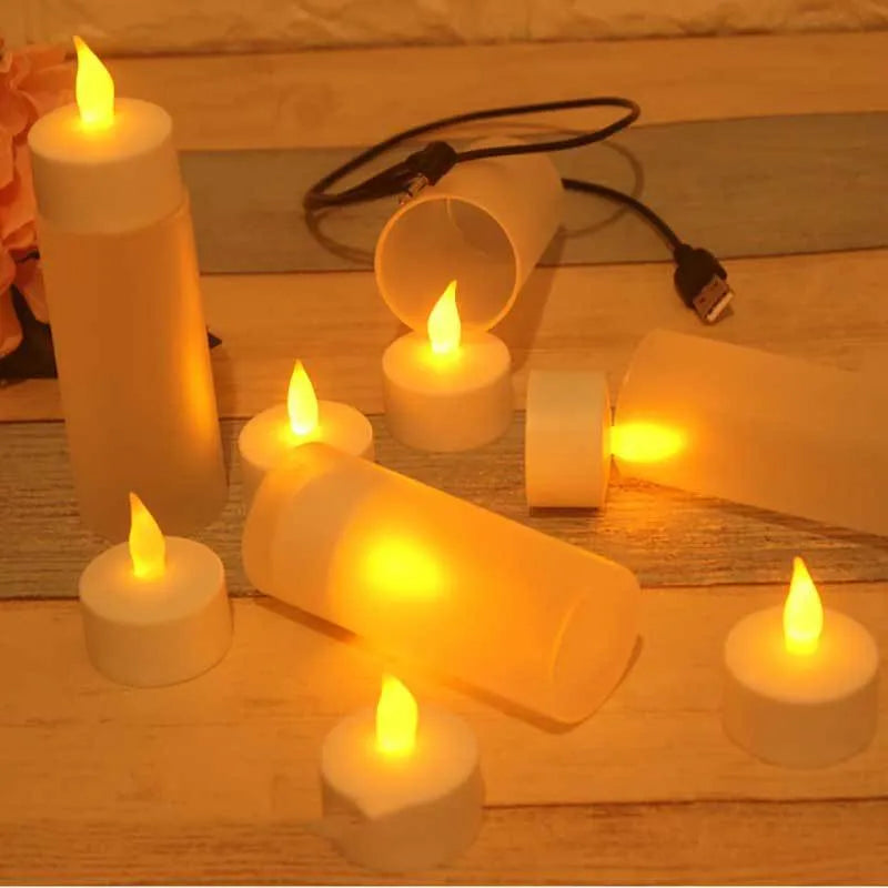 LED glow rechargeable candle lamp with yellow flashing light, USB-powered flameless electric tea light candle alternative in white plastic shell with 5.5cm height, 4cm diameter base, includes plastic cup holder and USB charging cable