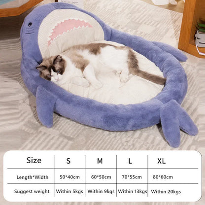 Blue shark pattern velvet pet bed cushion for small dog on wooden floor