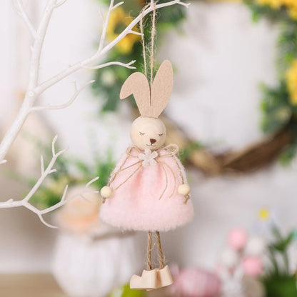Cartoon rabbit cloth pendant Easter decoration hanging from a ribbon.