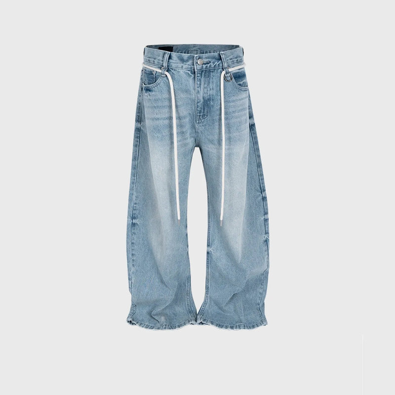 Retro trousers in vintage washed denim with straight-leg style and adjustable drawstring belt, available in blue in sizes S, M, L, XL, and XXL with a practical zipper fly opening