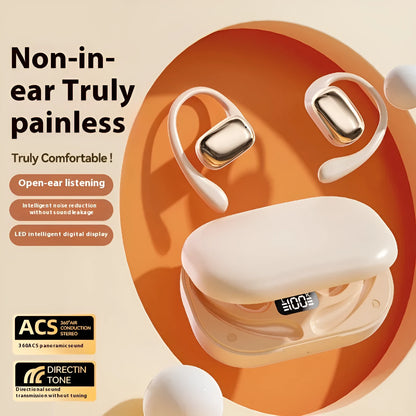 Ear-mounted wireless headphones with digital display screen on ear piece.
