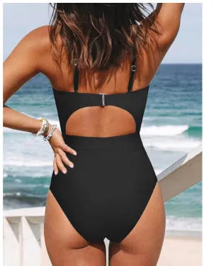 Women's one-piece swimsuit cross backless high elasticity swimsuit made from polyester fabric available in solid colour black wine red or peacock blue sized S M L XL XXL with built-in spandex lining for a close comfortable fit