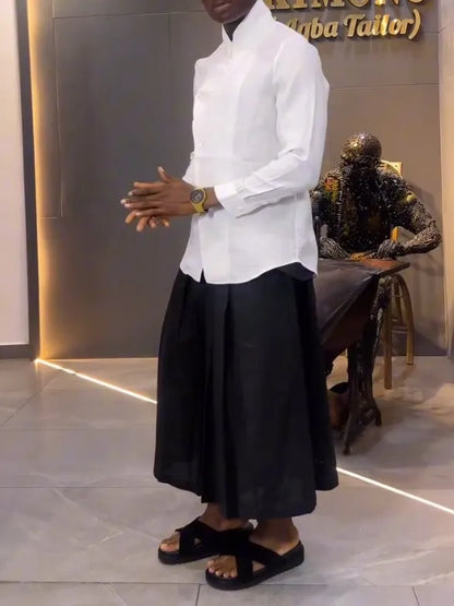 White asymmetric long-sleeve shirt and black pleated trousers casual polyester set.