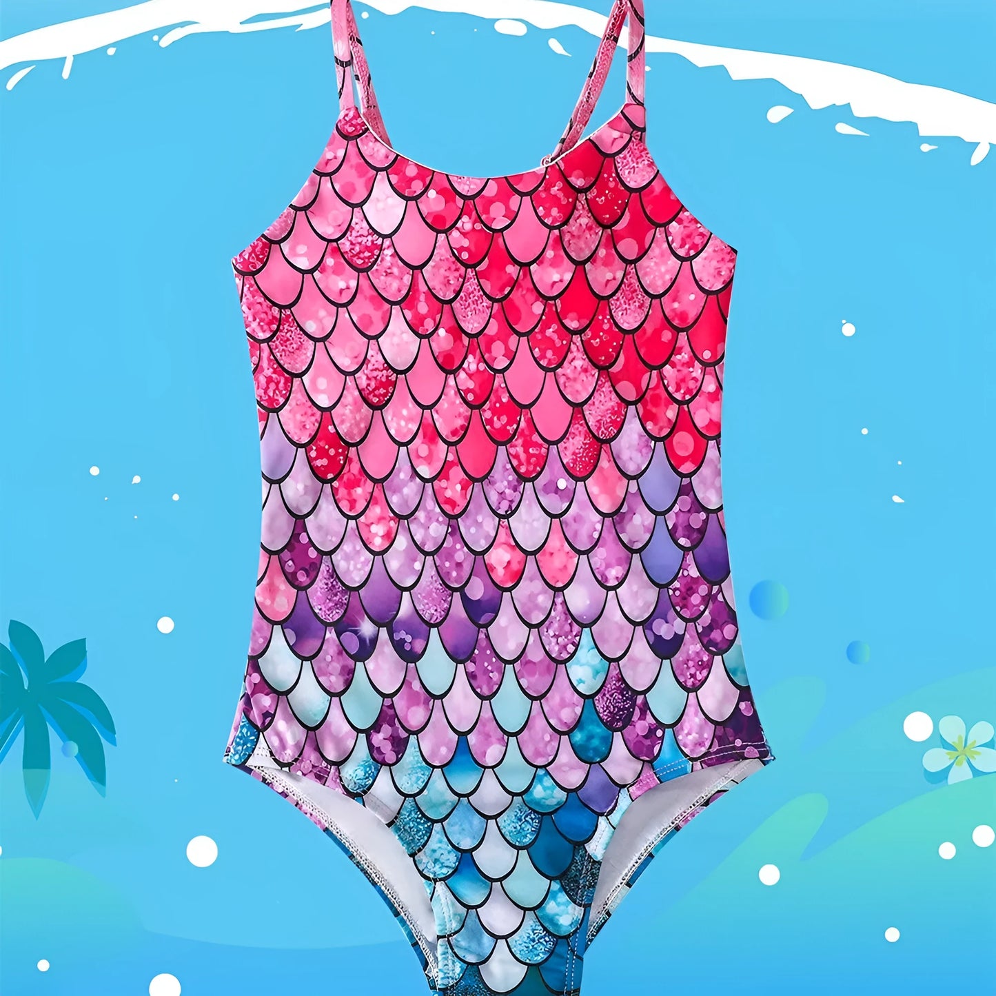 Children's mermaid one-piece swimsuit for girls in polyester with high elasticity, shown in various colours