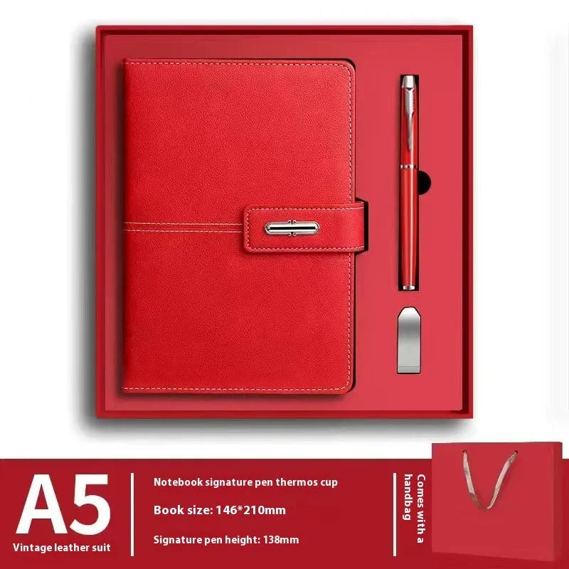 A5 notebook with imitation leather cover in colour options including black, red, green, blue, and orange.