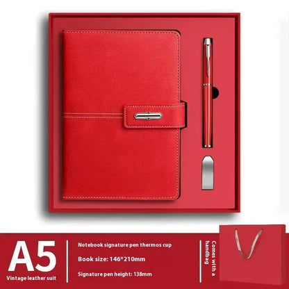 A5 notebook with imitation leather cover in colour options including black, red, green, blue, and orange.