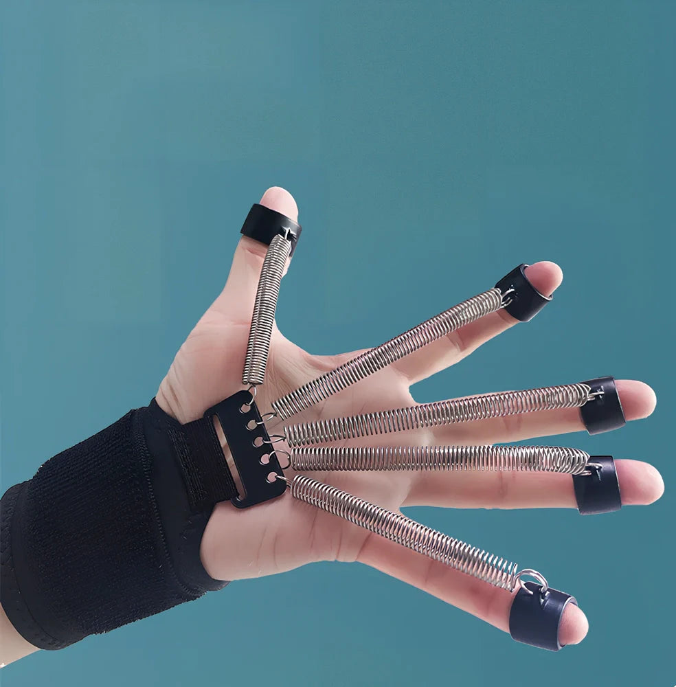Spring steel finger trainer with adjustable resistance for hand strength exercises