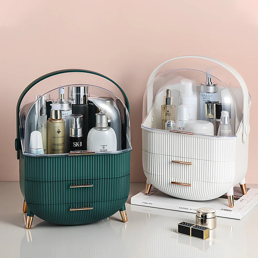 Green cosmetic storage box with cover for skincare product organisation and dust protection
