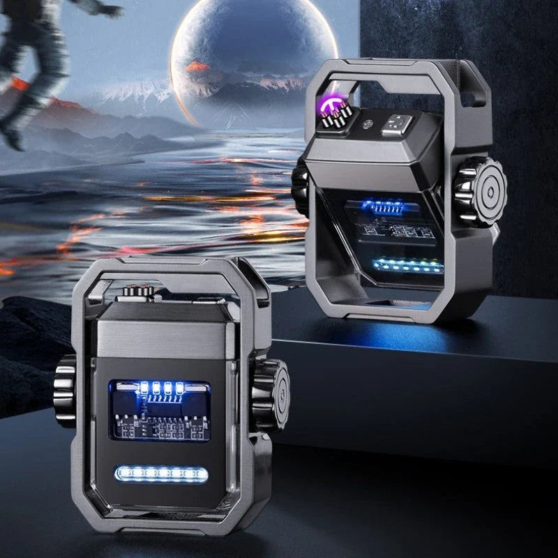 Rechargeable dual-arc windproof lighter with gyroscope decompression mechanism, available in multiple colors