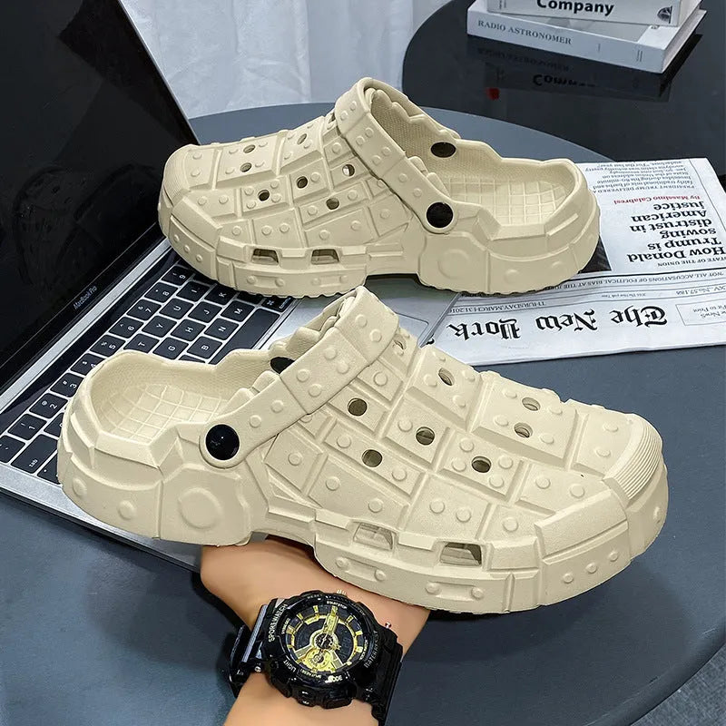 Men's sand-coloured EVA slippers with thick sole, hole design, and toe holder.