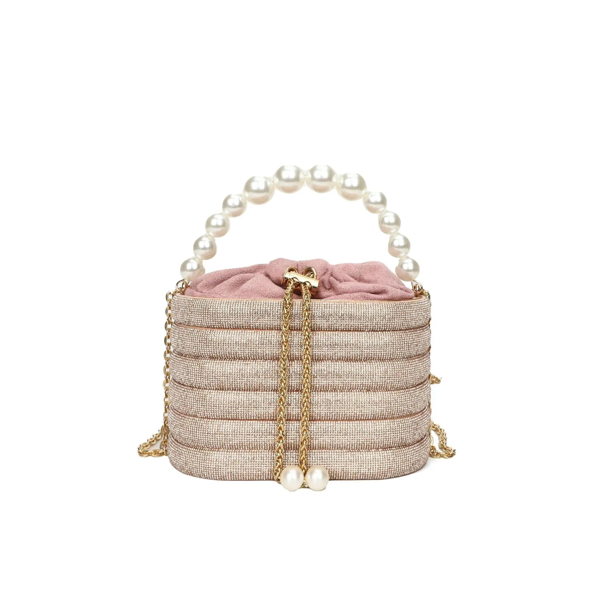 Women's one-shoulder crossbody bag with pearl beading, round shape, and internal zipper pocket in black colour