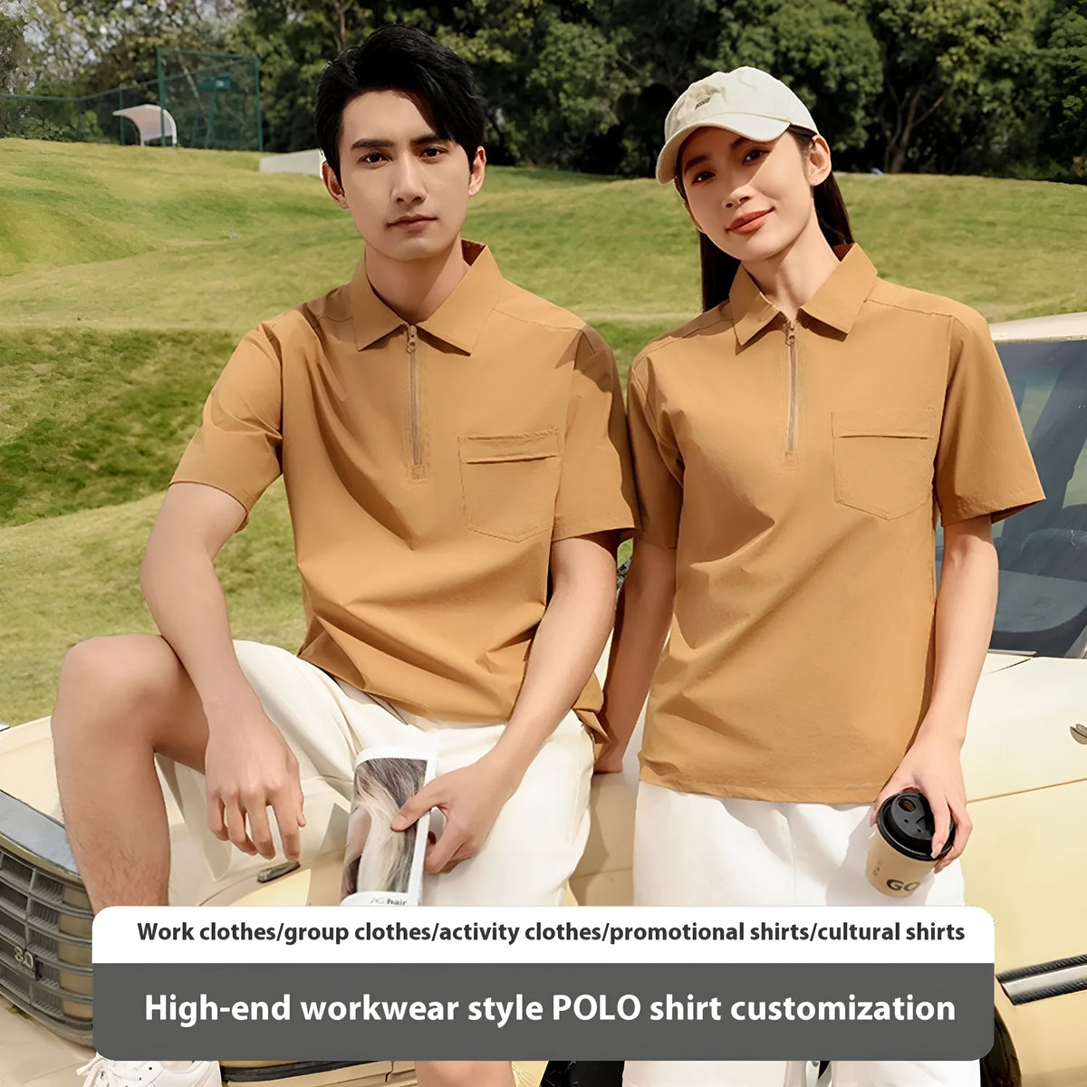 Short sleeve nylon advertising shirt with zipper pockets on lapels in silver fox grey colour