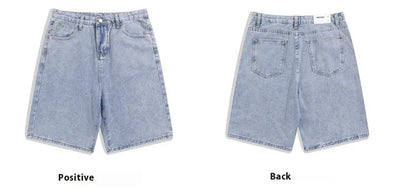 Men's straight-leg denim shorts in light blue with five-pocket design and zipper fly
