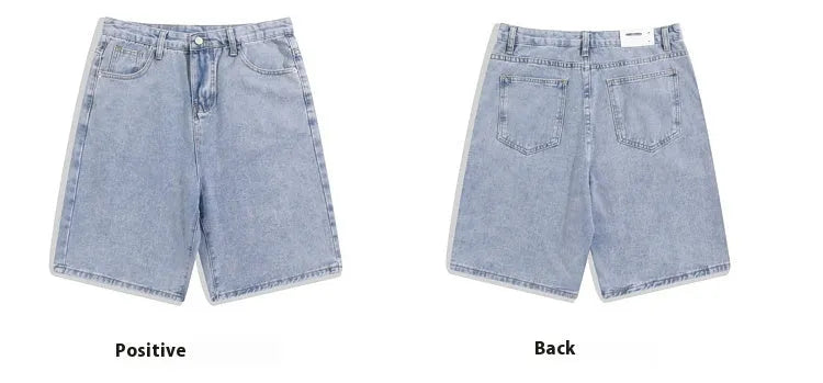 Men's casual denim shorts in straight-leg fit with five-pocket styling, available in solid colours including light blue, white, black, and grey, in sizes ranging from small to 3XL with a mid-rise waist and zipper fly opening