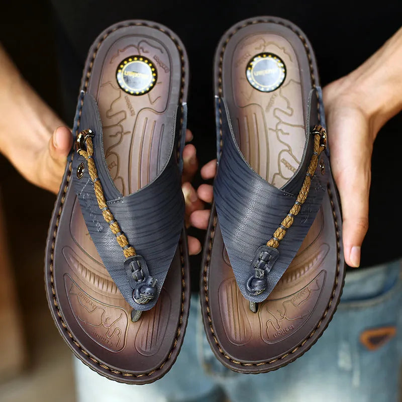 Men's herringbone pattern outdoor slippers in dark blue and khaki colours