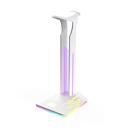 RGB colour changing headset bracket stand with dual USB ports on a desktop