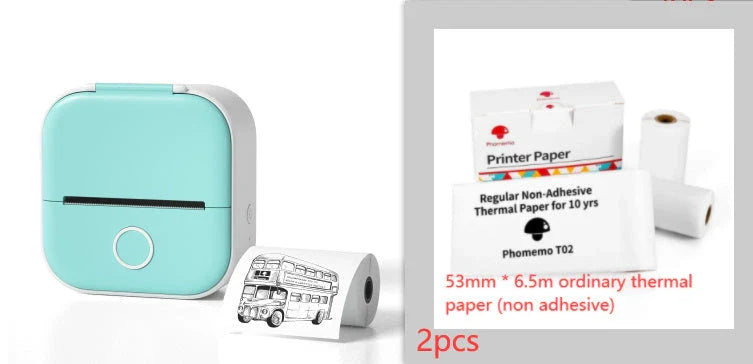 Compact Bluetooth-enabled thermal label printer in white, pink, and green colors with various label options