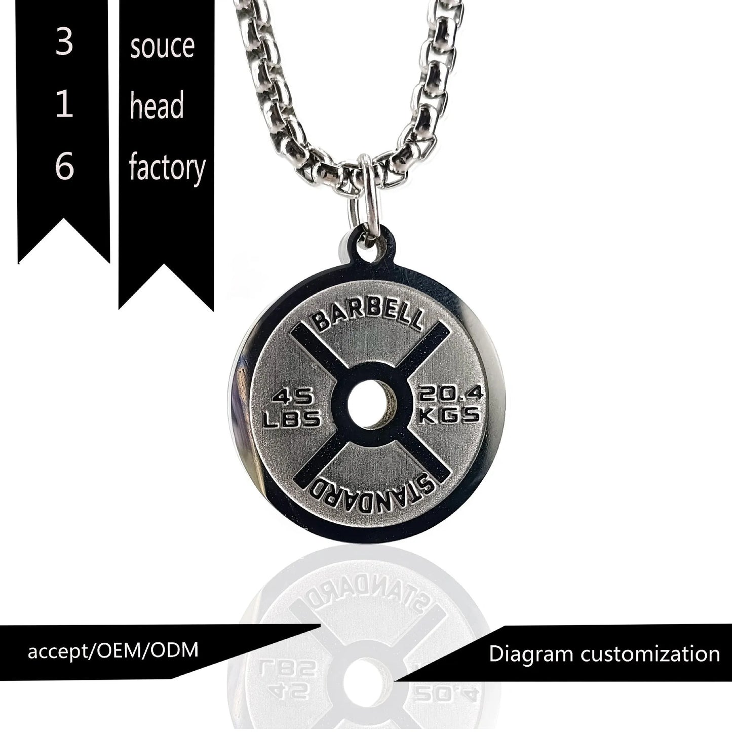 Stainless steel barbell disk necklace with polished pendant on 60cm chain