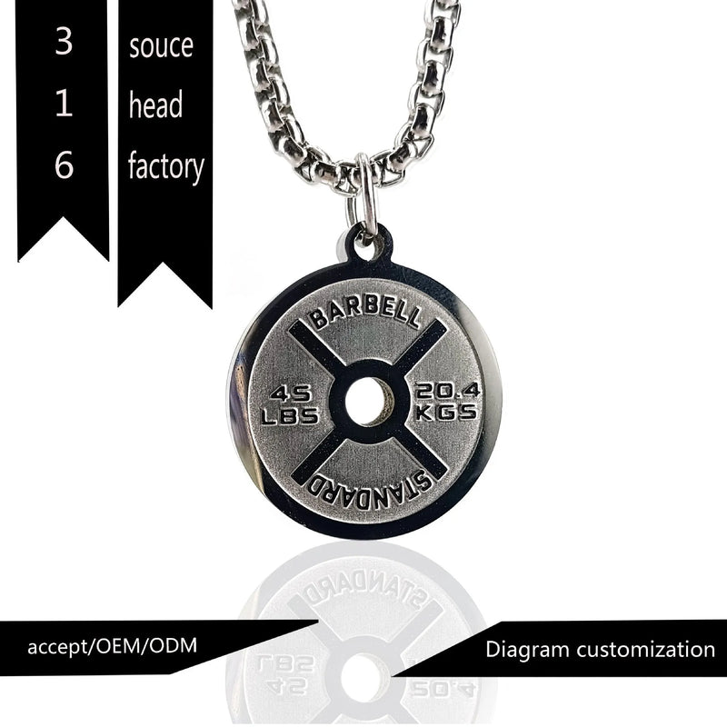 Stainless steel barbell disk necklace with polished pendant in geometry design, available with 60cm pearl chain, 60cm gold chain, 60cm black chain or as single pendant without chain for sports and fitness style.
