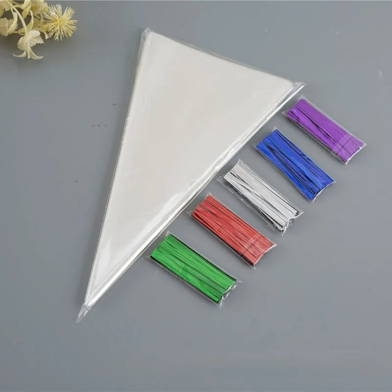 Triangle clear plastic bag with integrated tie wire closure in 13x25cm, 16x30cm, or 18x37cm sizes