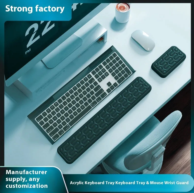 Double sided keyboard and mouse pad with thickened memory foam resin base, non-slip computer desk mat featuring a wrist strap and hand pillow support in multiple colours including black, dark green, and grey for extended gaming or work sessions.