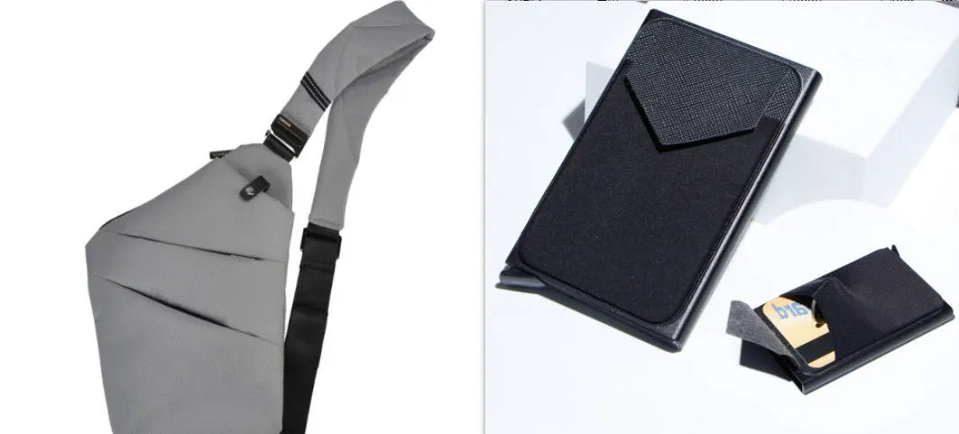 Canvas chest bag 31x20x1cm, 190g, one-shoulder crossbody with anti-radiation fabric inside, smoke black or silver grey