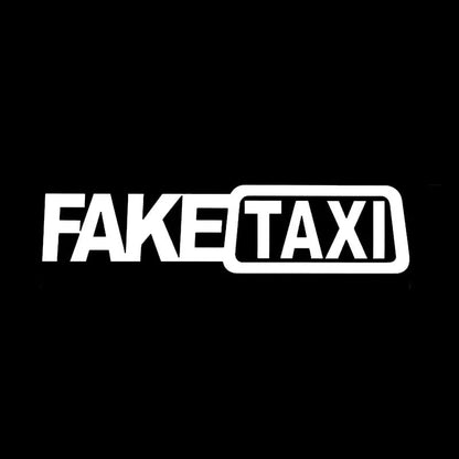 FAKE TAXI car warning sticker in black, white and yellow colours showing 20x8cm waterproof PET label
