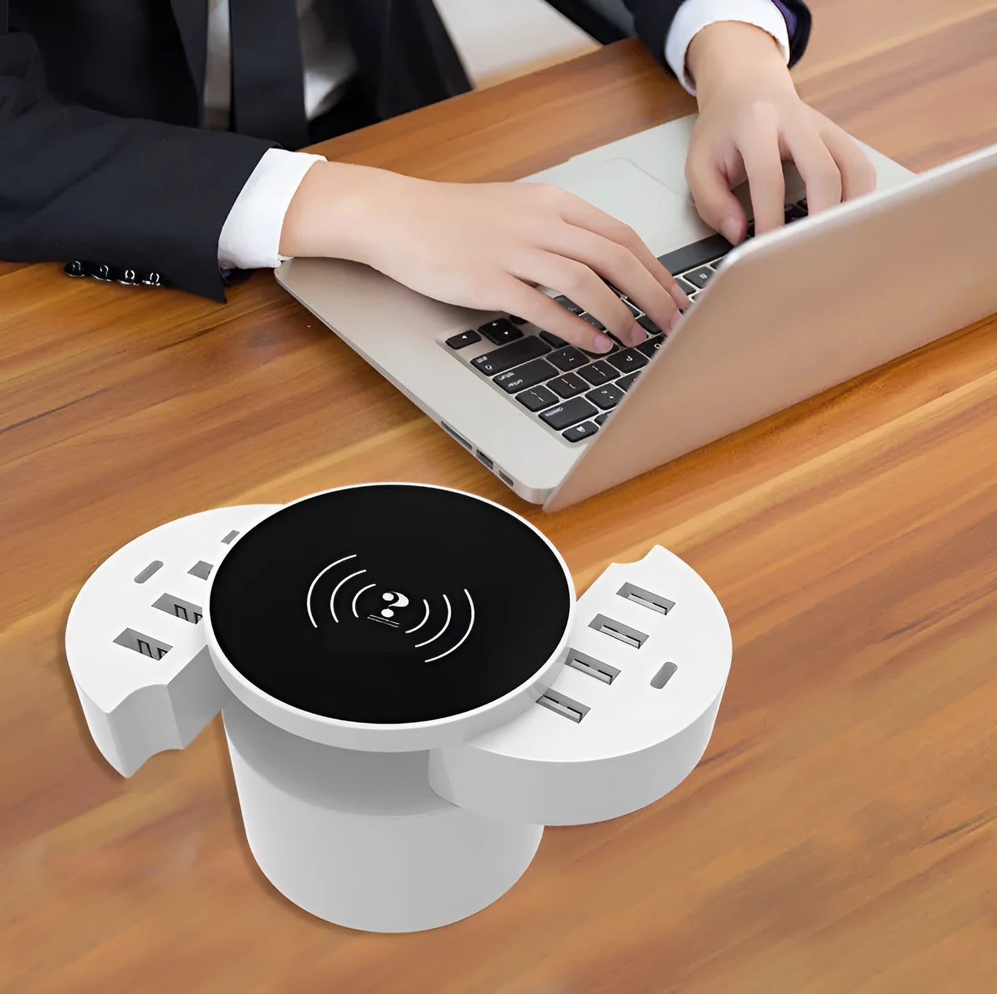 Ceramic white circular multi-port wireless phone charger with a 1.5 metre cable