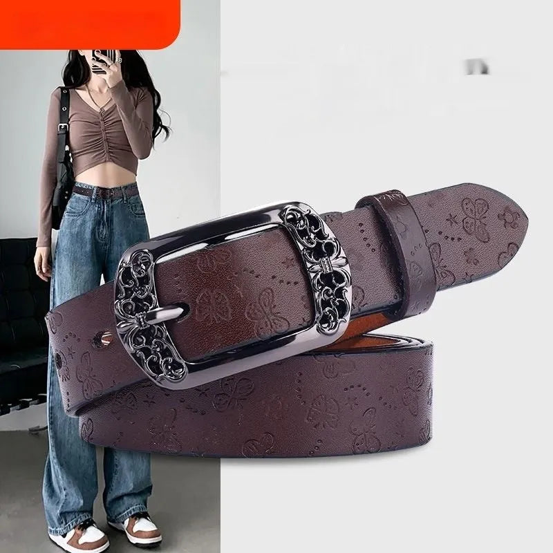 Women's thin decorative jeans belt with PU leather and alloy buckle, versatile simple affordable luxury style belt in black or brown available in 105cm or 115cm lengths for casual wear