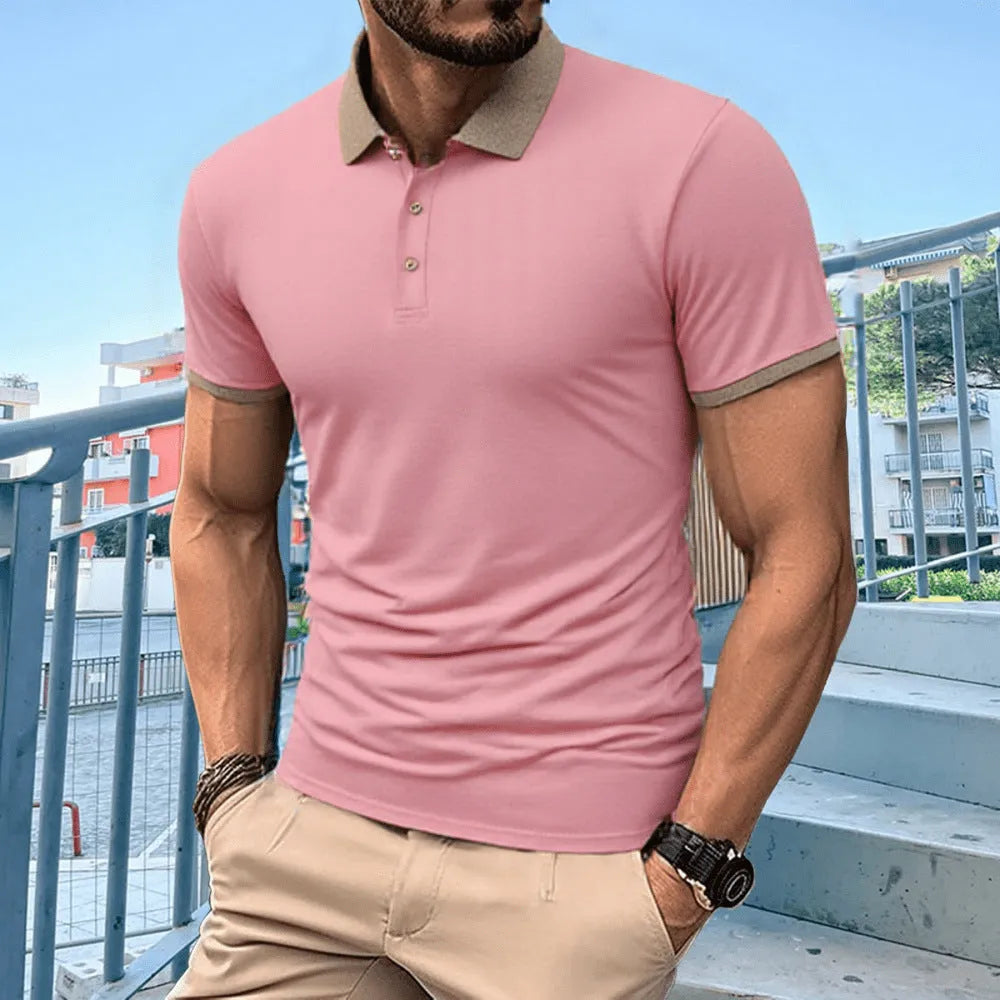 Man's short sleeve Ice Silk polo shirt with a flocking print, shown in multiple colour options.