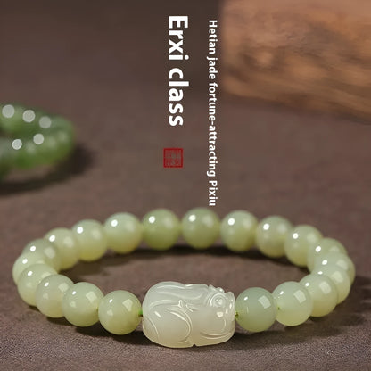 Women's polished Hetian jade ethnic bracelet showing 6mm, 8mm, and 10mm bead size options.