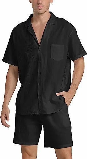 Men's flax summer sports short-sleeved top and shorts suit in army green colour