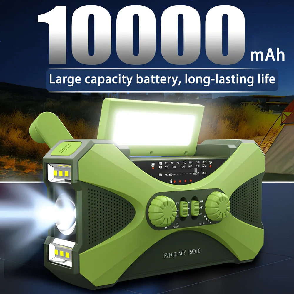Green 3-in-1 hand crank emergency radio showing AM-FM-NOAA dials, 10000mAh battery, solar panel, reading lamp, and flashlight in 8x9.5x6.5cm portable design