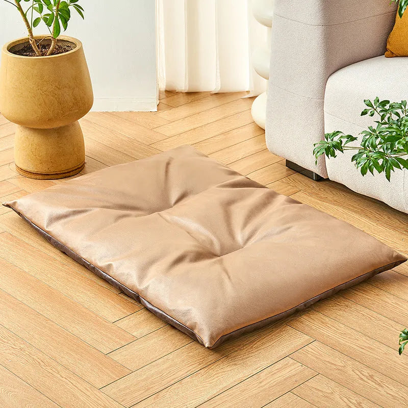 Blue and coffee coloured rectangular pet cooling mat shown in small, medium, large, and extra-large sizes.